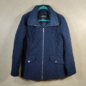 10180 London Fog navy quilted zip front coat w/removeable hood L